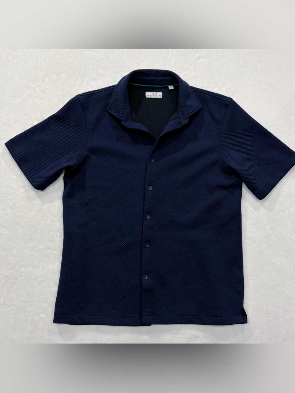 Ike Behar Navy Blue Textured Short Sleeve Button Up Shirt Men’s size L